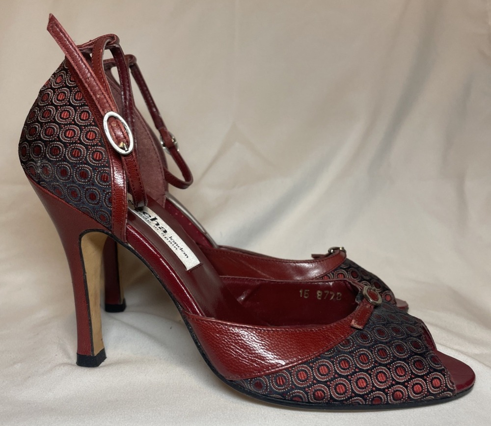 Sacha london heels, Size 6, Red w/Navy Print, Ankle strap, never worn